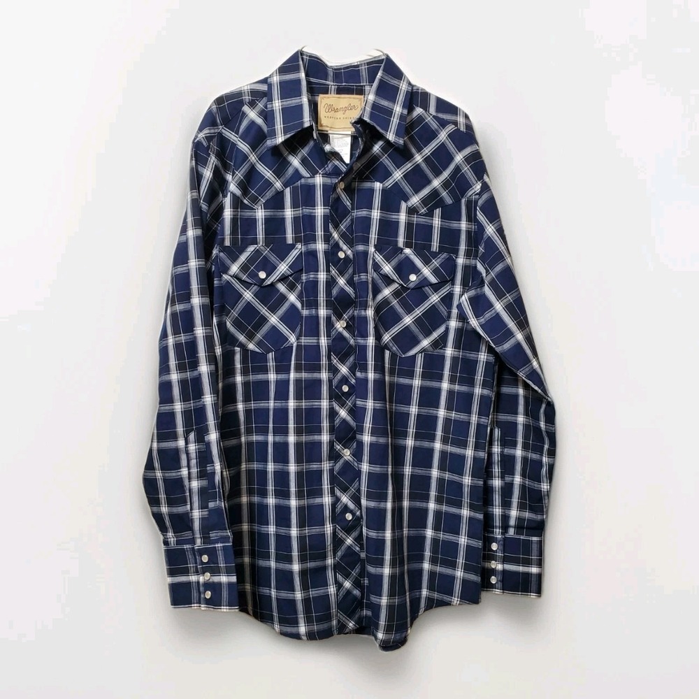 Wrangler Pearl Snap Shirt Men Size Medium Blue Plaid Long Sleeve Western Rodeo‎